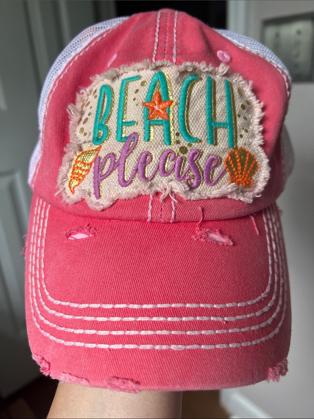 KBETHOS Pink and White distressed Mesh Trucker Hat “Beach Please” unisex